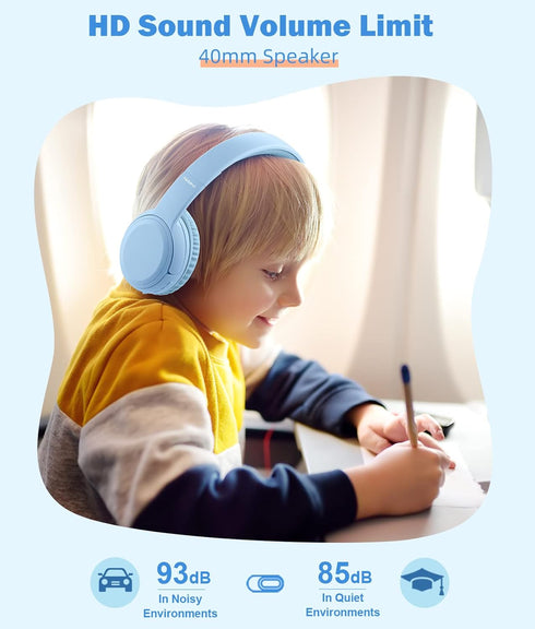 Kids Headphones, Over-Ear Headphones Bluetooth Wireless Kids with Mic, 85/93dB Volume Limited, Stereo Sound, Wired Inline AUX Cord Headphones for ...