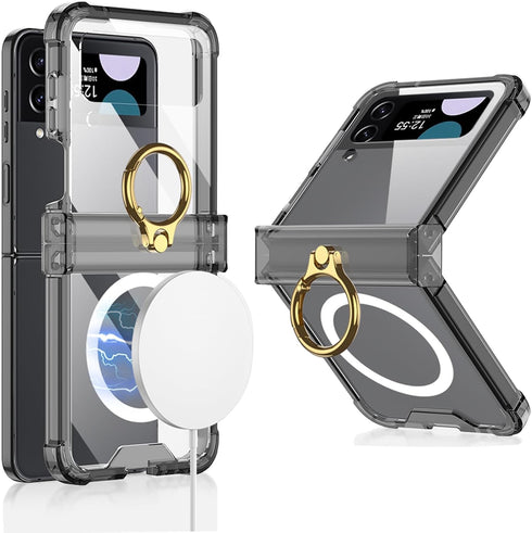 for Samsung Galaxy Z Flip 4 Clear Case with Ring Holder and Hinge Protection,Compatible with Wireless Charger,Slim Fit Transparent Hard PC Shockpr...
