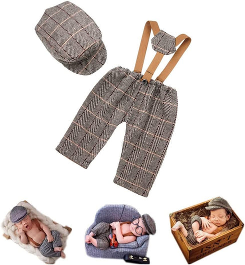 Coberllus Newborn Baby Photography Photo Props Checked Fabric Boys Flat Cap & Suspender Pants Romper Photography...