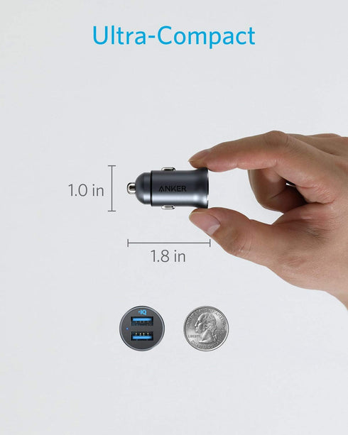 Anker 320 Car Charger (24W II), Mini Aluminum Alloy Dual USB with Blue LED for iPhone15 14 13 12 Series, iPad Pro/Air 2/Mini, Galaxy and More - No...