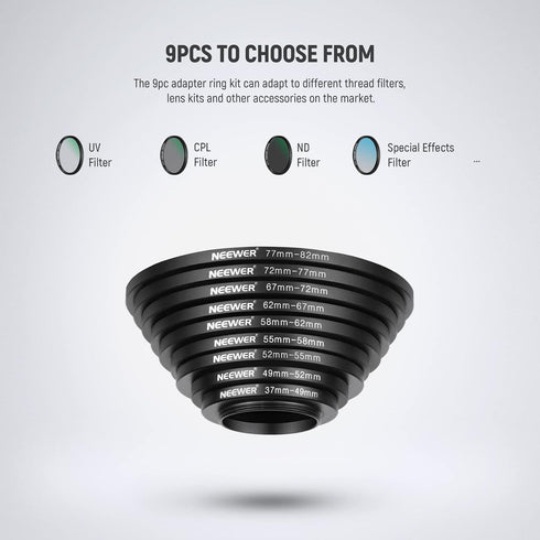 Neewer 9 Pieces Lens Filter Rings Set, Made of Anodized Aluminum, Includes: 37-49mm, 49-52mm, 52-55mm, 55-58mm, 58-62mm, 62-67mm, 67-67mm, 8-2.8 3...
