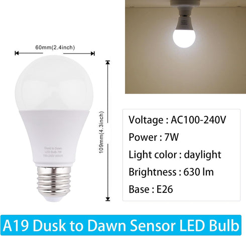 Dusk to Dawn LED Outdoor Light Bulb 7W Daylight White Auto on/Off Photocell Sensor A19 LED Light Bulb 60 Watt Equivalent, 3-Pack...