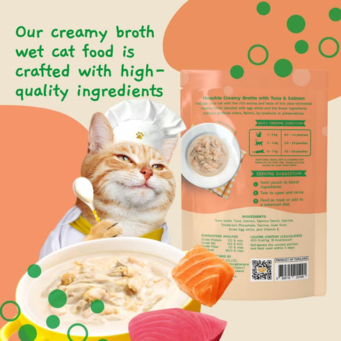 MOOCHIE Creamy Broth for Cats - Grain-Free - Made with Real Salmon & Tuna - No Artificial Flavors or Preservatives - 1.4 oz x 16 Pouches...