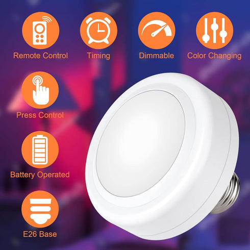 2 Pack Battery Operated Light Bulbs, 13 RGB Color Battery Powered LED Light Bulb with Remote Control, Dimmable E26 Screw in Puck Lights for Non El...