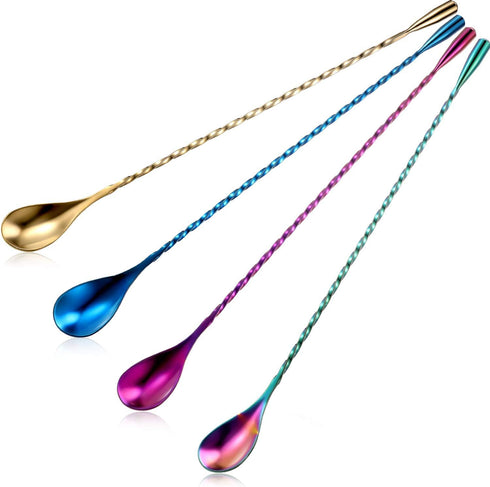 4 Pieces Cocktail Spoon Bar Stirring Spoon Long Handle Stainless Steel Spiral Pattern Cocktail Mixing Shaker Spoon, 12 Inch, 4 Colors (Multicolor,...