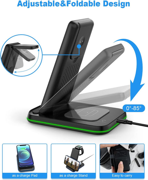 Foldable Wireless Charger for Multiple Devices 3 in 1 Wireless Charging Station for Travel, Compatible with iPhone 16 15 14 13 12 11/Pro/XR, Charg...