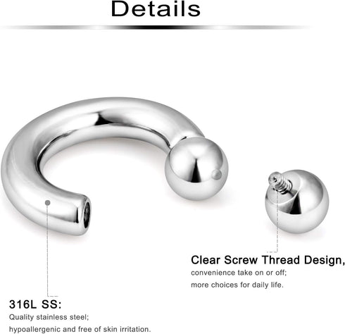 Ftovosyo 2Pcs PA Ring Horseshoe Circular Barbell 316L Surgical Steel Internally Threaded 00G 0G 2G 4G 6G 8G 10G Pierced Body Jewelry for Women 12m...