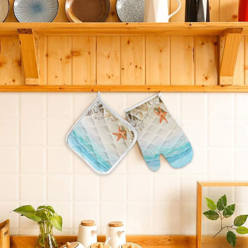 Sandy Beach Set of Oven Mitt and Pot Holde Starfish Seashell Theme Oven Gloves Heat Resistance Non-Slip Surface for Kitchen BBQ Cooking Baking Gri...