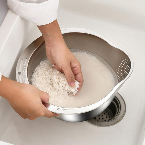 Rice Washer Strainer Bowl - 4-in-1 Washing Bowl for Quinoa, Stainless Steel Rinser With Side Drainers Small Colander for Cleaning Fruits, Vegetabl...