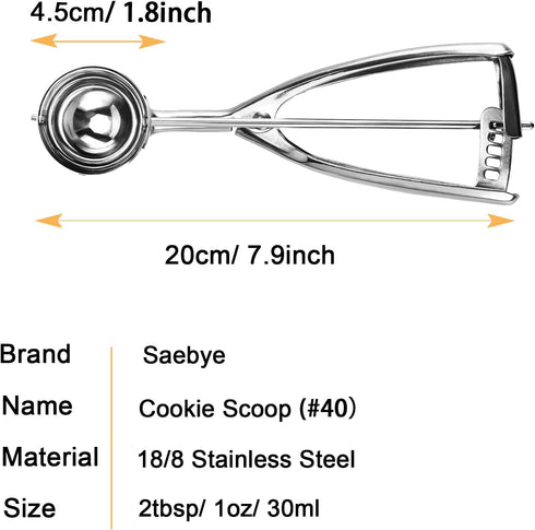 Medium Cookie Scoop, 2 Tbsp / 30ml / 1 oz, Size #40 Cookie Dough Scoop, Cookie Scoops for Baking, 1 25/32 inches / 4.5 CM Ball, 18/8 Stainless Ste...