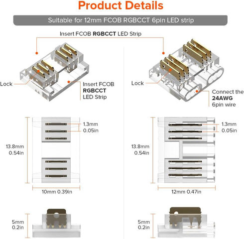 BTF-LIGHTING FCOB 6Pin 12mm 0.47in Transparent Connector Kit 10pcs Corner Connector 8pcs Gapless Solderless Connector 5pcs 5.9in Long 24AWG Extens...