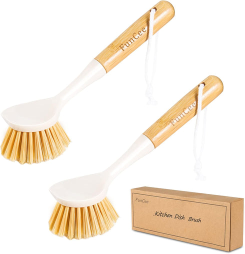 2 Pack Kitchen Dish Brushes with Bamboo Handle, Dish Scrubber Built-in Scraper, Scrub Brush for Pans, Pots, Counter & Kitchen Sink Cleaning, Dishw...