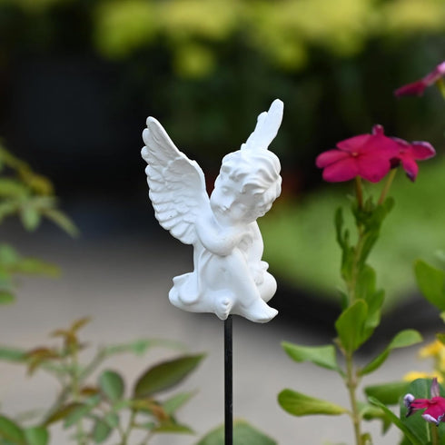 OwMell Set of 2 Decorative Angel Garden Stakes, Small Angel Fairy Garden Angel Ornaments, Cherub Angel Memorial Statue Flower Pot Decorations - Wh...