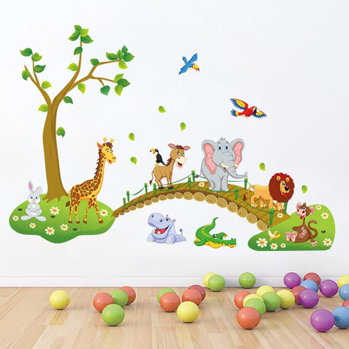 decalmile Jungle Animals Tree Wall Stickers Lion Giraffe Elephant Walking on Bridge Wall Decals Kids Room Baby Room Nursery Bedroom Wall Decor(Fin...
