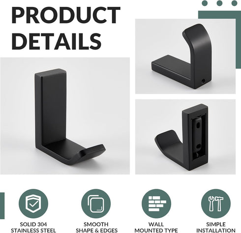 APLusee 2 Pack Bath Robe Hook, 304 Stainless Steel L Shape Coat Holder, Bathroom Home Accessories Matte Black...