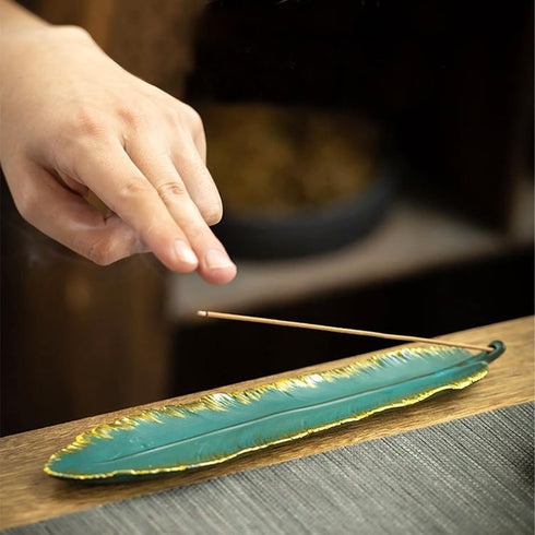 Incense Stick Holder Burner Ceramic Green Feather, Incense Burner Ash Catcher 9 Inch Handmade Incense Tray Meditation, Yoga, Home/Office Decor, Sp...