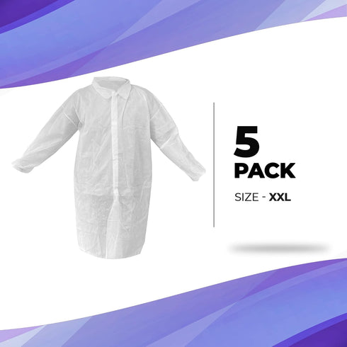 AMZ Disposable Lab Coat 2XL. 35 GSM PP White Disposable Lab Coats for Adults. 5 Pack Knee-length Lab Coat with Long Sleeves, Elastic Wrists, Loop ...