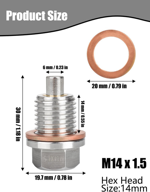 Magnetic Oil Drain Plug M14 X 1.5MM 2 PCS, Stainless Steel Engine Oil Drain Plugs with 4 Pcs Copper Gasket Anti Leakage Replacement for Most Ford ...