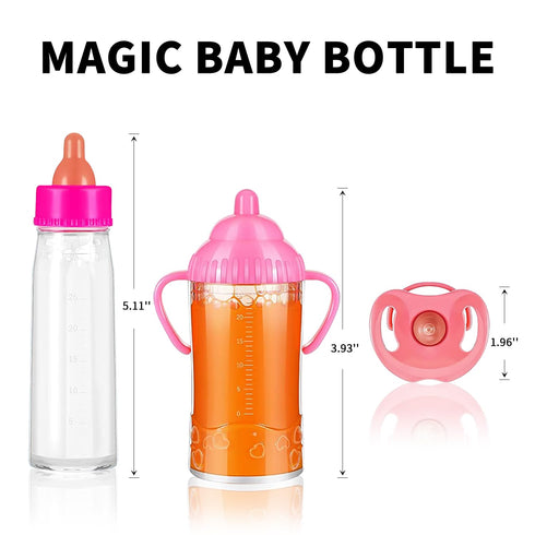 SCOM Magic Juice and Milk Nursing Bottle with Pacifier for Baby Doll Accessories, 3 Piece Pretend Play Feeding Toy Set for Age 4+ (PINK)...