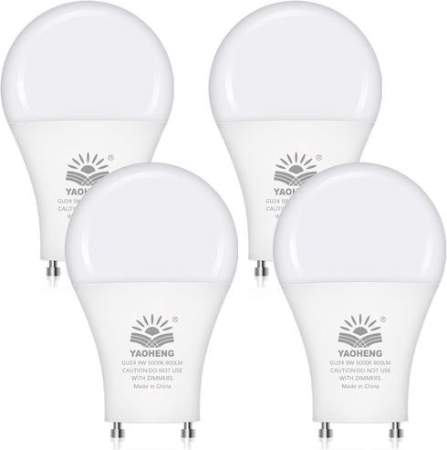 GU24 LED Light Bulb, 9W(60W Equivalent), 5000K Daylight, A19 Shape GU24 LED Bulb, 800 Lumens 2 Prong Light Bulbs, CRI 85+, Non-Dimmable ETL Listed...