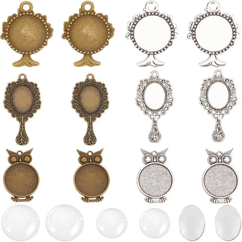 SUNNYCLUE 24Pcs DIY 12 Sets Pendant Bezel Blanks Cabochon Base Setting Bezel Frame Pendant Tray Vintage Owl Cabochon Blanks Mirror Shaped Cabochon...