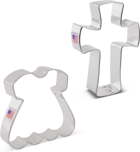 Religious Baptism/First Communion Cookie Cutters 2-Pc. Set Made in the USA by Ann Clark, Dress and Holy Cross...