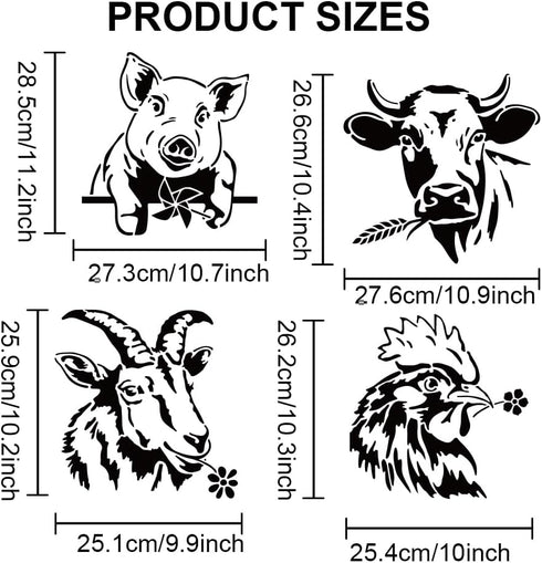 4pcs Pig Cow Goat Cock Stencil 11.8×11.8inch Large Farm Animals Stencil Reusable Windmill Flower Chicken Drawing Templates with Paint Brush for Fu...