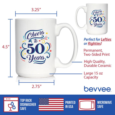 Cheers to 50 Years - Coffee Mug Gifts for Women & Men - 50th Anniversary Party Decor - Large 15oz White Ceramic Mug...
