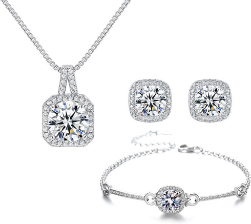 Hadskiss Silver Cubic Zirconia Earrings and Pendant Necklace Link Bracelet Set for Women 14K White Gold Plated Square Wedding Jewelry Sets for Bri...