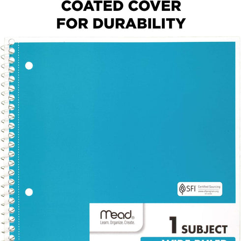 Mead Spiral Notebooks, 1 Subject, Wide Ruled Paper, 70 Sheets, 10-1/2 x 7-1/2 inches, Blue, 4 Pack (38400)...