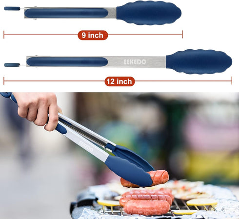 Kitchen Tongs, Stainless Steel Silicone Tongs for Cooking 600ºF High Heat-Resistant BBQ Grilling Locking Tongs, Set of 2-9" and 12" Classic Blue...