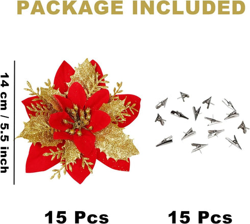 Sawowkuya 15 Pcs Red Gold Poinsettia Artificial Flowers Glitter Artificial Christmas Flowers Decorations with Clips for Xmas Tree Ornaments Weddin...
