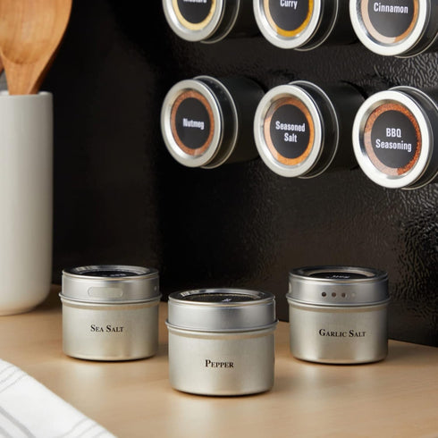 Talented Kitchen 12 Magnetic Spice Jars for Refrigerator with 3 Metal Wall Bases, 269 Preprinted Seasoning Labels, 2 Styles, 1 Cooking Conversion ...