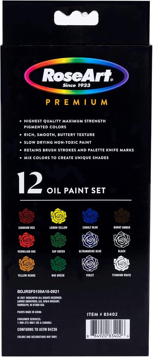 RoseArt Premium Oil Paint - Set 12 Colors, Maximum Strength Pigmented Oil Paints for Professionals, Students,...