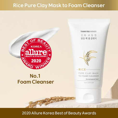 THANKYOU FARMER Rice Pure 2-IN-1 Korean Clay Mask to Foam Cleanser 5.27 fl.oz, Removes Excess Oil, Removing Dead Skin Cells, Soft Skin, Pore Purif...