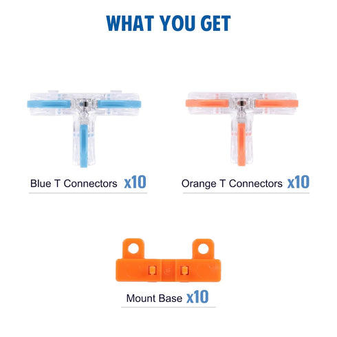 Brightfour T Tap Connectors for AWG 28-12, Lever Wire Connectors 20 Pack, T Connectors for Wiring, Pushin 3 Way Wire Connectors, 10 Mount Bases In...