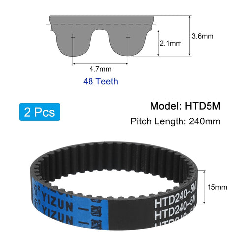 uxcell 2pcs HTD-5M Rubber Timing Belt 48 Teeth, 240mm Pitch Length x 15mm Width x 3.6mm Height, Closed Loop Pulley Timing Belt...