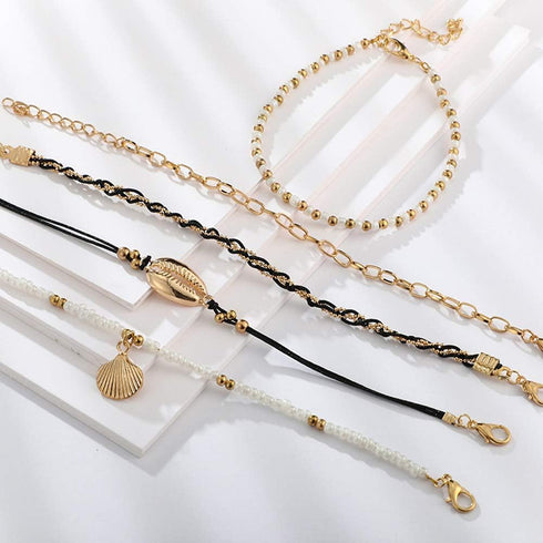 Bohemia Shell Charm Pendant Anklet Set 5Pcs Black Leather Chain Braided String Pearl Beaded Ankle Bracelet Boho Beach Jewelry for Women...