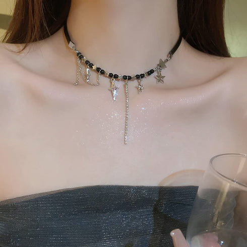 Leather Tassel Rhinestone Necklace Five-pointed Star Pendant Necklace Black Leather Punk Choker Necklace Halloween Jewelry for Women...