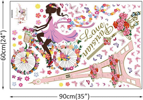 Girl Bicycle Wall Stickers Flowers Eiffel Tower Wall Decals Mural for Kids Bedroom Living Room...