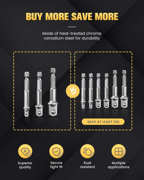 BOEN Impact Grade Socket Adapter Set, 3-PCS Drill Bit Adapter with Bit Holder, Sizes 1/4", 3/8", 1/2", 1/4-Inch SAE Hex Shank, Cr-V, for Cordless ...