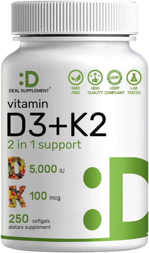 DEAL SUPPLEMENT Vitamin D3 5,000 IU + K2 MK7 Softgels, 250 Count | 2-in-1 Complex | Supports Heart, Bone, Teeth & Immune Health | Easy to Swallow...