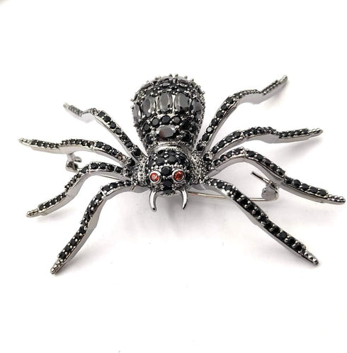 Spooky Season Eight-Legged Full Black Spider Brooch Pin with Red Eyes...