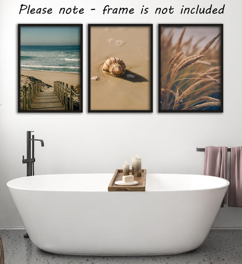Sandy Beach Landscape Set of 3 Unframed Wall Prints, Coastal Sea Shell Ocean Waves Beach Path Wooden Bridge Reeds Posters, Bathroom Living Room Be...