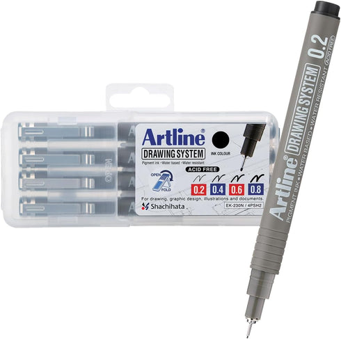 Artline Drawing System Pens, 0.2, 0.4, 0.6, 0.8 mm Writing Widths, Black, 4 Pack (EK-230-4PW2)...