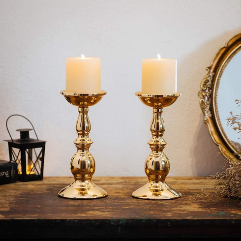 Set of 2 Gold Candlestick Metal Pillar Candle Holders, Flameless Candlestick Holders Stand Centerpieces Decoration Ideal for Weddings, Special Eve...