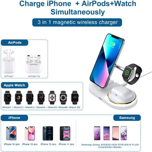 3 in 1 Cell Phone Wireless Chargers,Charging Station for Multiple Devices Apple,Fast Wireless Charger Stand for iPhone 14/13/12/11/Pro/Max,for App...