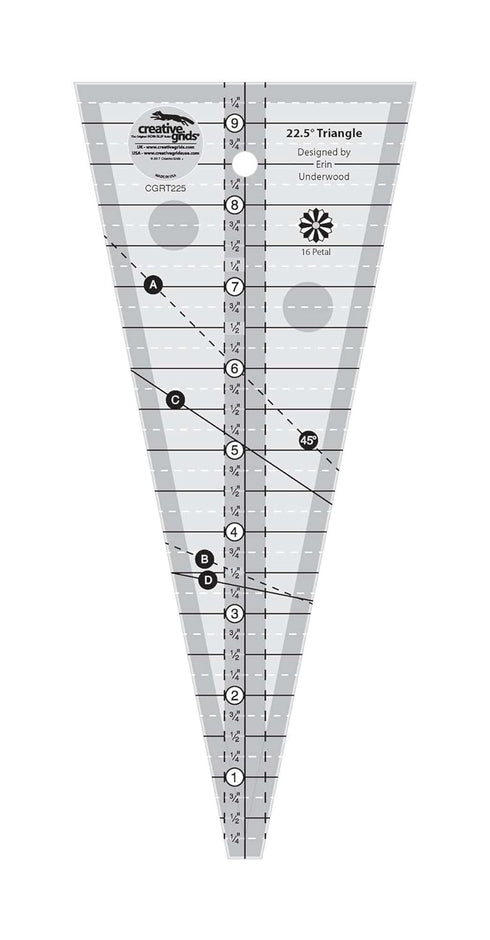 Creative Grids 22-1/2 Degree Triangle Ruler– CGRT225 – Made in USA, 4-1/4in x 9-1/2in, Non-Slip Grip Acrylic Quilting, Sewing, Crafting, Patchwork...
