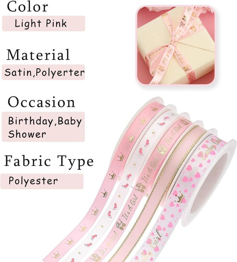 LaRibbons 5 Rolls Baby Girl Light Pink Satin Ribbon for Gift Wrapping, Craft Ribbon for Baby Shower, Birthday, Wreath, Party Decoration, 5Yards/Ro...