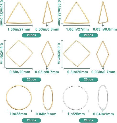 1 Box 120Pcs 6 Styles Beaded Earring Making Hoop Gold Silver beading Earring Hoops Linking Ring Square Triangle Earring Components Findings for DI...